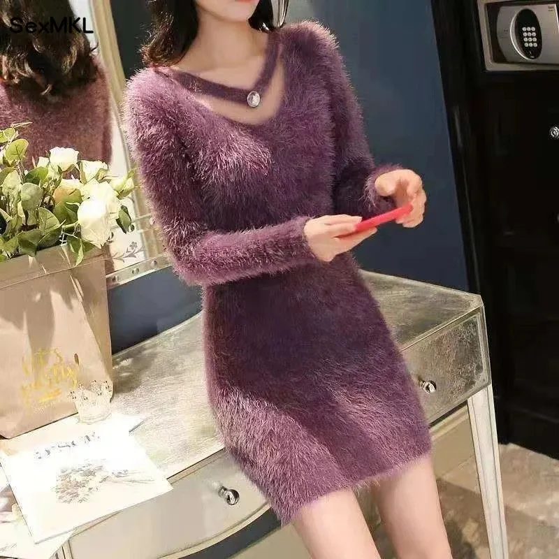 Korean Fashion Women's Slim Fit Mini Sweater White Sweater dress - Autumn/Winter Y2K Casual Clothing in White/Black Knitted Bodycon Vestidos (251013)