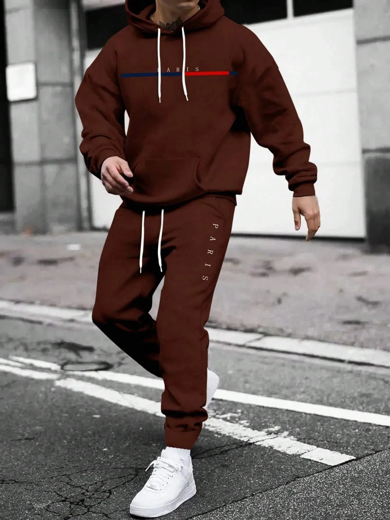Tracksuit Drawstring Men's Hooded Drawstring Tracksuit Set Acrylic Fleece Pullover for ...