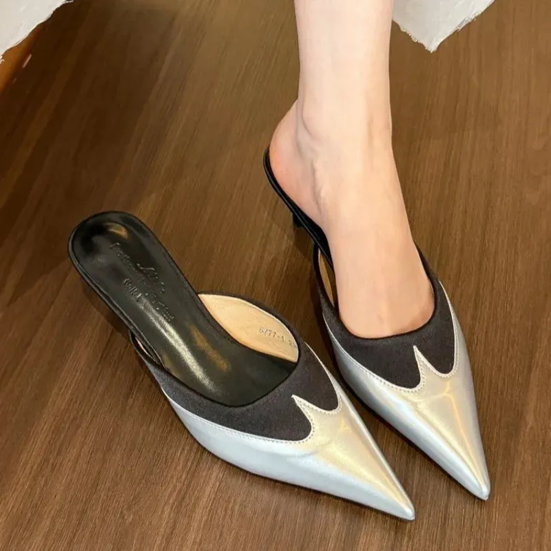 Summer Baotou Semi Drag Womens Outward Wear Temperament Pointed Toe Shallow Mouth One Belt Splicing Stiletto Slippers_vogvips.com