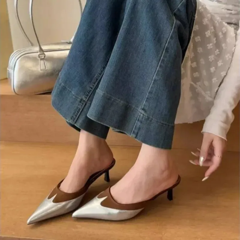 Summer Baotou Semi Drag Womens Outward Wear Temperament Pointed Toe Shallow Mouth One Belt Splicing Stiletto Slippers_vogvips.com