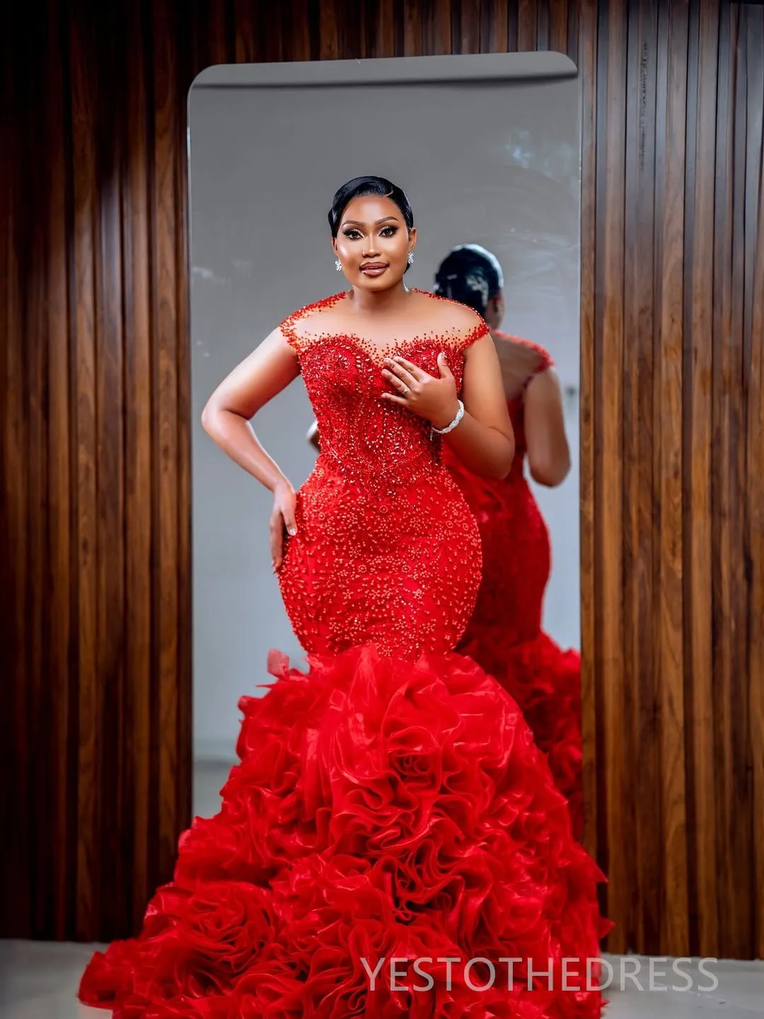 dark red plus size prom dresses La Femme Ruffled Long Plus-Size Prom Dress