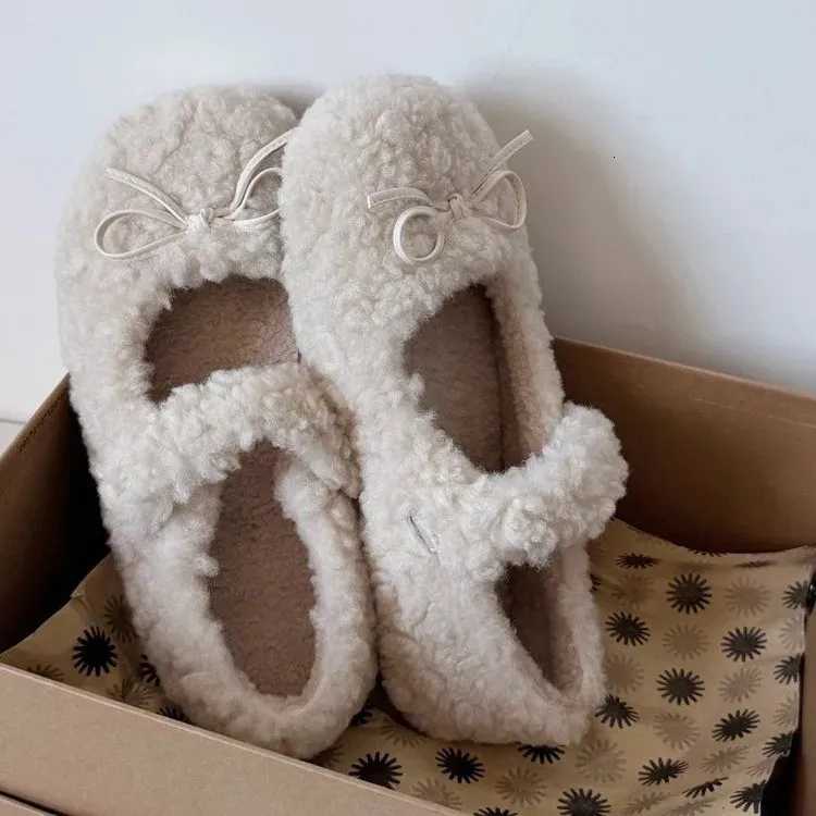 Cute Fur For Women Autumn And Winter All Match Round Toed Bow Flat Soled Mary Jane Warm Plush Cotton Shoes 251226_vogvips.com