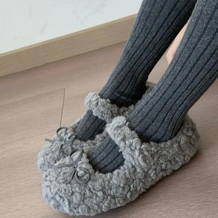 Cute Fur For Women Autumn And Winter All Match Round Toed Bow Flat Soled Mary Jane Warm Plush Cotton Shoes 251226_vogvips.com