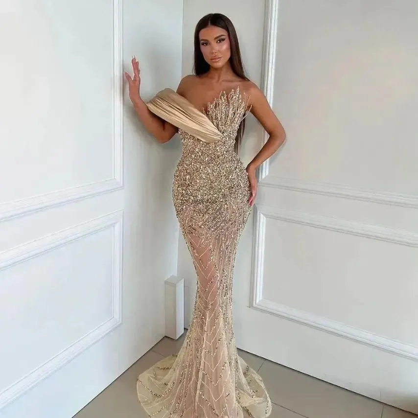 cream sequin prom dress Lace-Up Mermaid Long Gold Prom Dress with Sequins, Champagne / 2