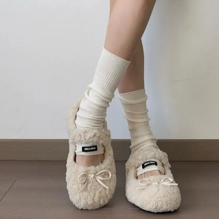 Cute Fur For Women Autumn And Winter All Match Round Toed Bow Flat Soled Mary Jane Warm Plush Cotton Shoes 251226_vogvips.com