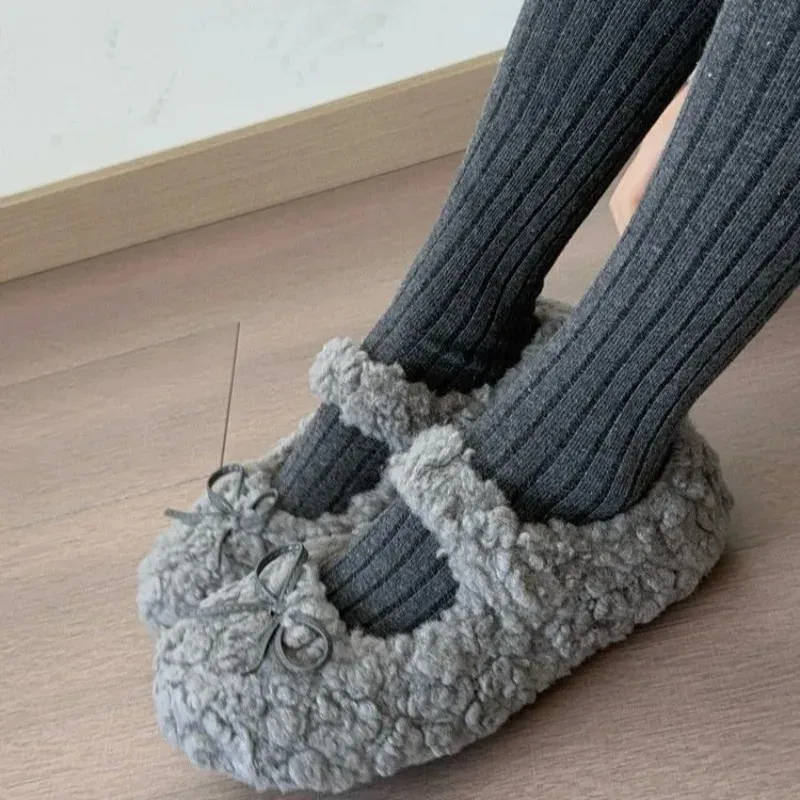 Cute Fur For Women Autumn And Winter All Match Round Toed Bow Flat Soled Mary Jane Warm Plush Cotton Shoes 251226_vogvips.com
