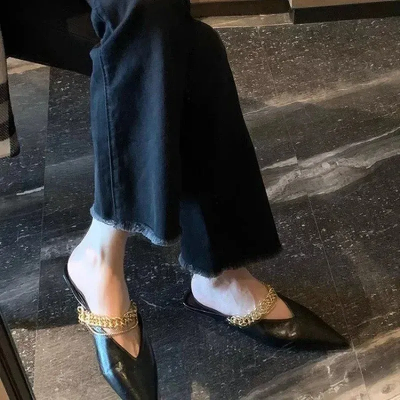Womens Outside Wear Summer Baotou Shallow Mouth Metal Chain Soft Slip Flat Shoes Pointed Toe Half Slippers 251226_voghion.com
