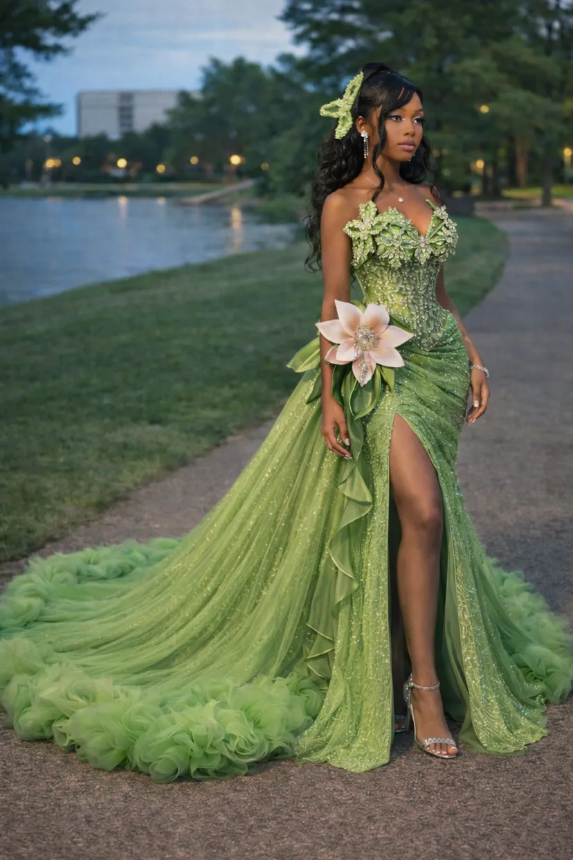 The and The Frog Green Prom Evening Dresses For African Princess Sparkly Crystal Flower Sexy Split Black Girl Birthday Formal Gowns Reception Dress The and The Frog Green Prom Evening Dresses For African Princess Sparkly Crystal Flower Sexy Split Black Girl Birthday Formal Gowns Reception Dress
