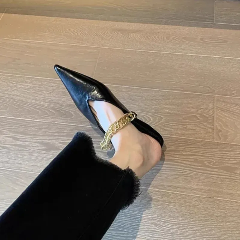 Womens Outside Wear Summer Baotou Shallow Mouth Metal Chain Soft Slip Flat Shoes Pointed Toe Half Slippers 251226_voghion.com