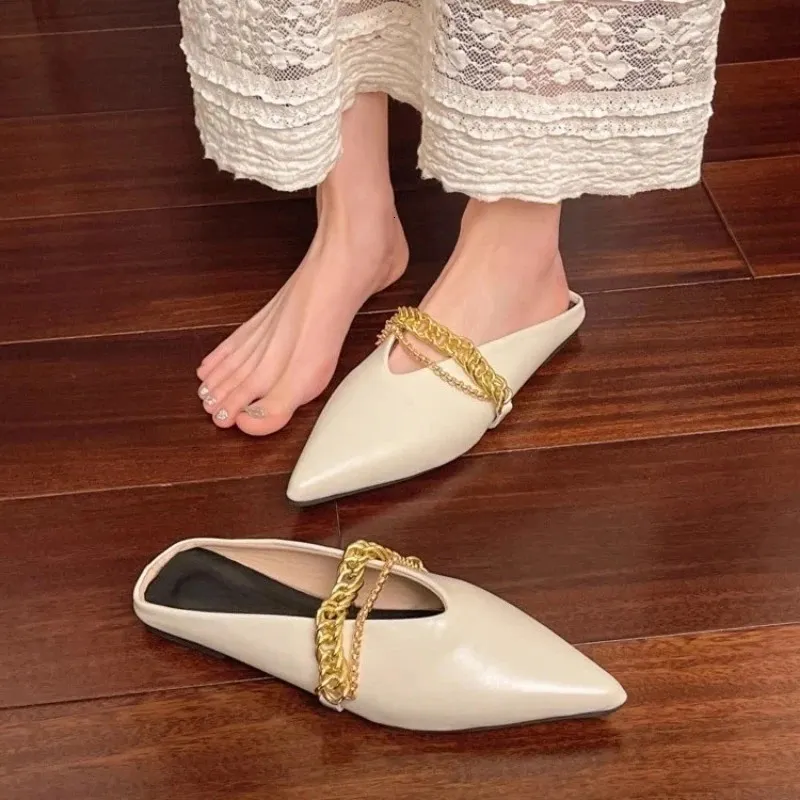 Womens Outside Wear Summer Baotou Shallow Mouth Metal Chain Soft Slip Flat Shoes Pointed Toe Half Slippers 251226_voghion.com