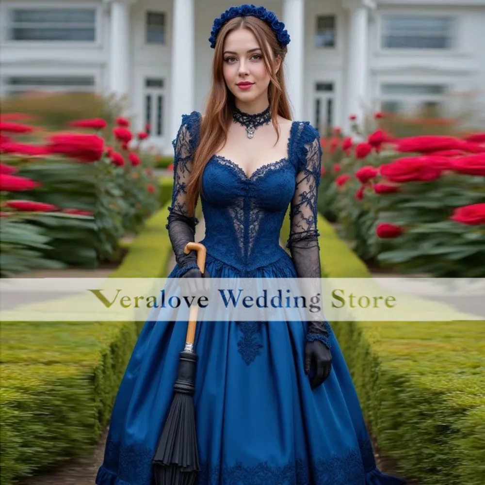 Dracula Blue and Black Gothic Wedding Dress 2026 Long Sleeve Vintage Corpse  Inspiration Bride Dress 1850s Medieval Costume Brida