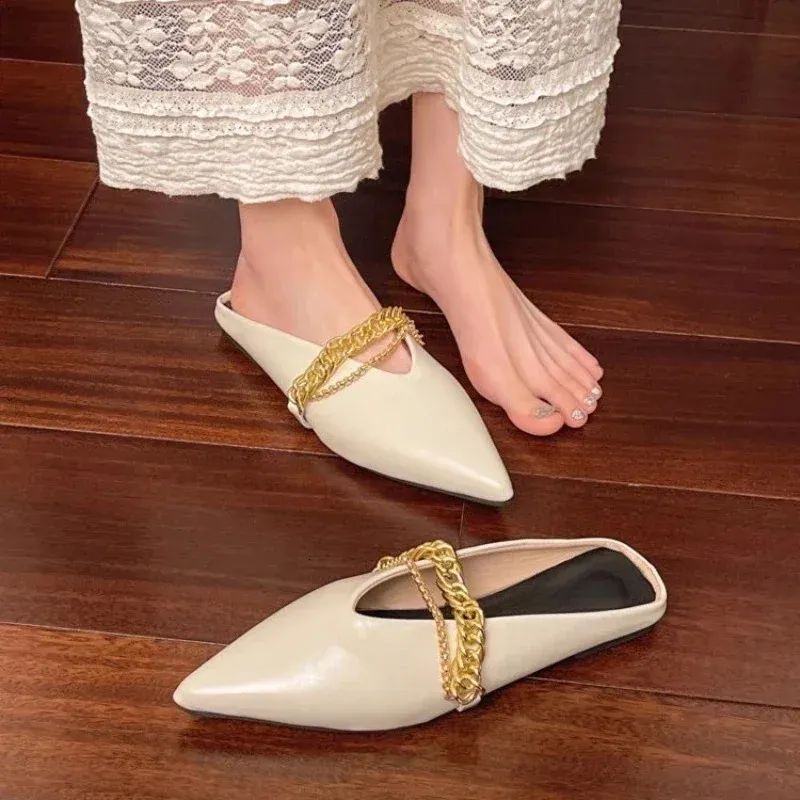 Womens Outside Wear Summer Baotou Shallow Mouth Metal Chain Soft Slip Flat Shoes Pointed Toe Half Slippers 251226_voghion.com
