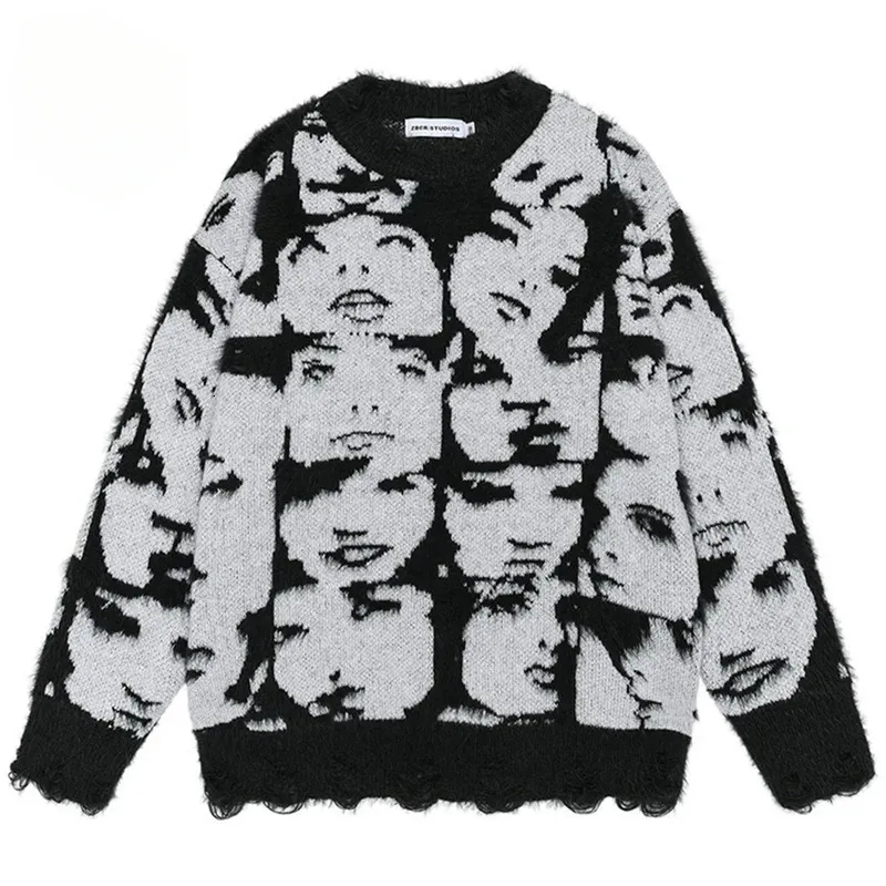 Men Y2K Sweaters Face Graphic Knitted Jumpers Streetwear Harajuku Hip ...