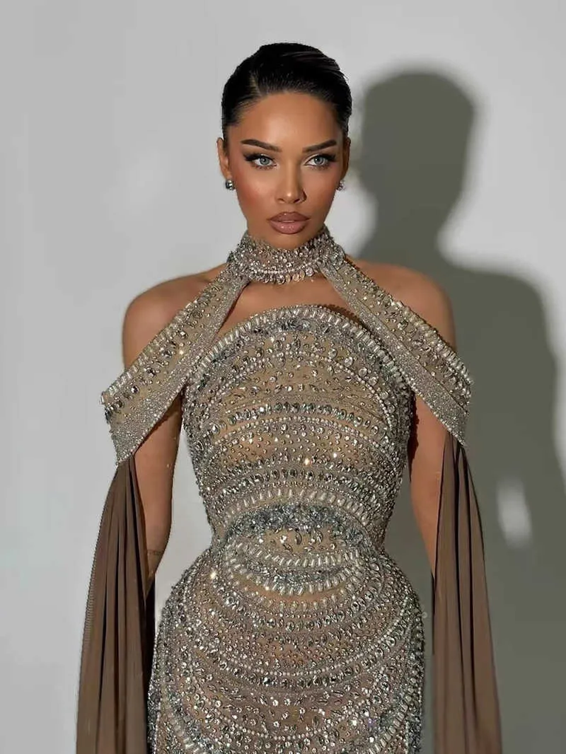 kosovo prom dresses Luxury Kosovo Beaded sparkly long dress prom with Cape