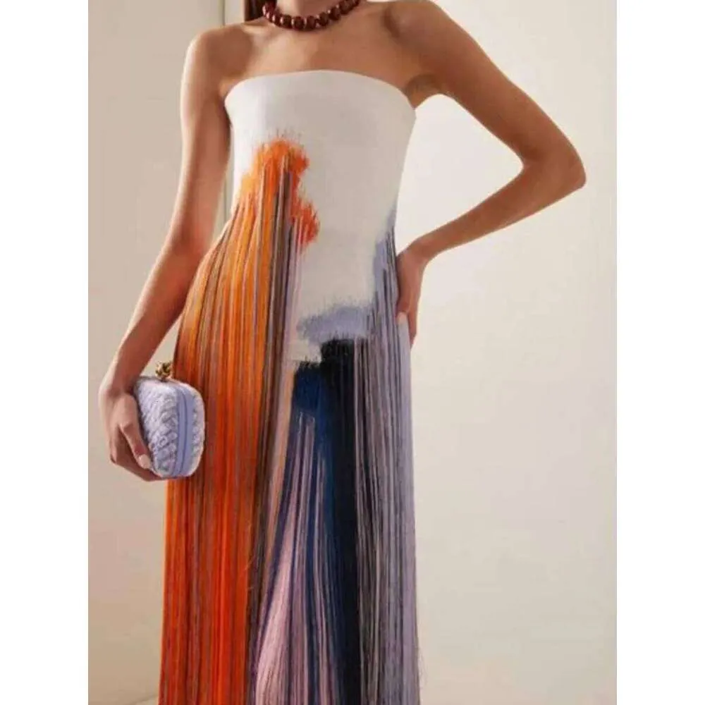 backless tube dress Womens Sleeveless Tassel Print Dress, High Waist Split Casual Party Dress, Long Straight Leisure Summer Dress, Elegant Temperament Style 56 length