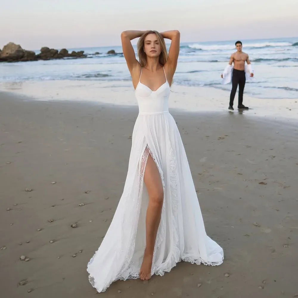 ebay beach wedding dresses Modern Spaghetti Side Split Tulle Beach Wedding Dress