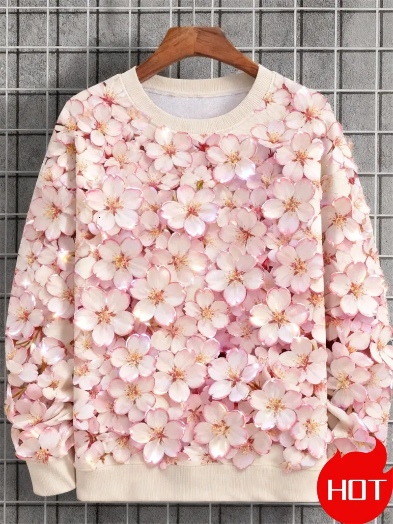 Cherry Blossom Pattern 3D Print Knit Sweatshirt Women Casual O-Neck ...