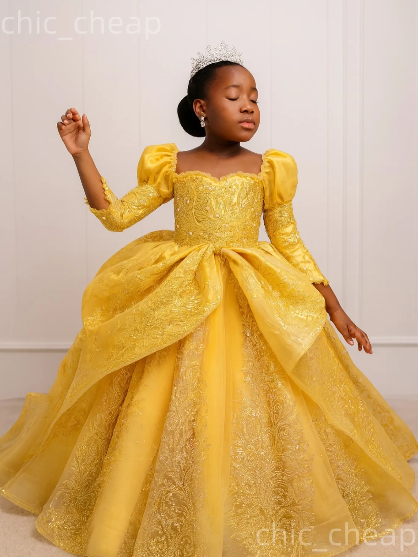 2026 Yellow Ball Gown Flower Girl Dresses Lace 3/4 Long Sleeves Sweetheart Little Girl Christmas Peageant Birthday Christening Tutu Dress Gowns ZJ423