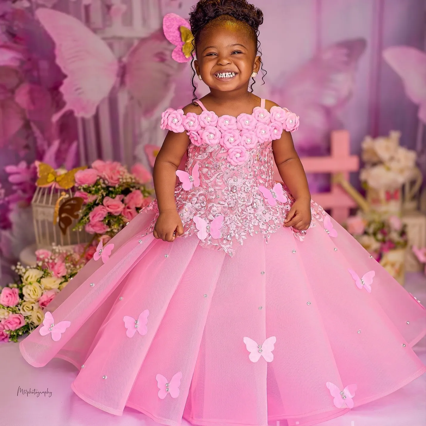open lace back dress A Line Pink Dress Soft Tulle Gown for Kids Cute Girls' Birthday Dress, Pink / 160 cm