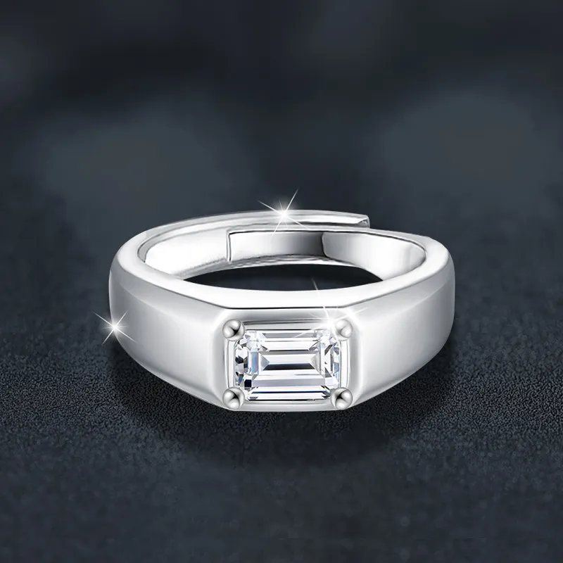 Exquisiter, schlichter und eleganter rechteckiger Herrenring mit Moissanit-Einlage und verstellbarer Öffnung – ein hochwertiges Geschenk_voghion.com
