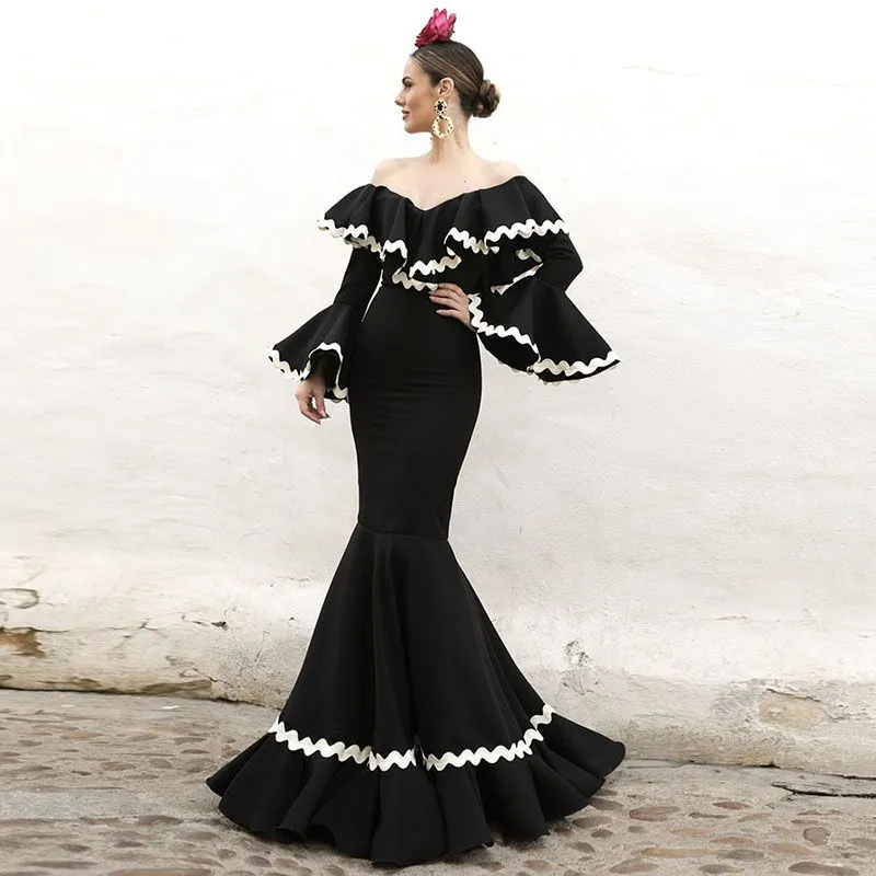Flamenca Black Evening Dress 2026 Ruffles Sleeves... From 100,54  | DHgate