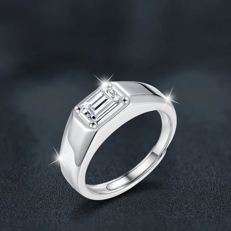 Exquisiter, schlichter und eleganter rechteckiger Herrenring mit Moissanit-Einlage und verstellbarer Öffnung – ein hochwertiges Geschenk_voghion.com