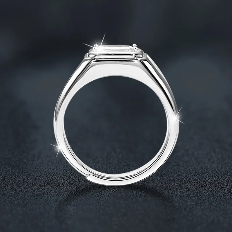 Exquisiter, schlichter und eleganter rechteckiger Herrenring mit Moissanit-Einlage und verstellbarer Öffnung – ein hochwertiges Geschenk_voghion.com