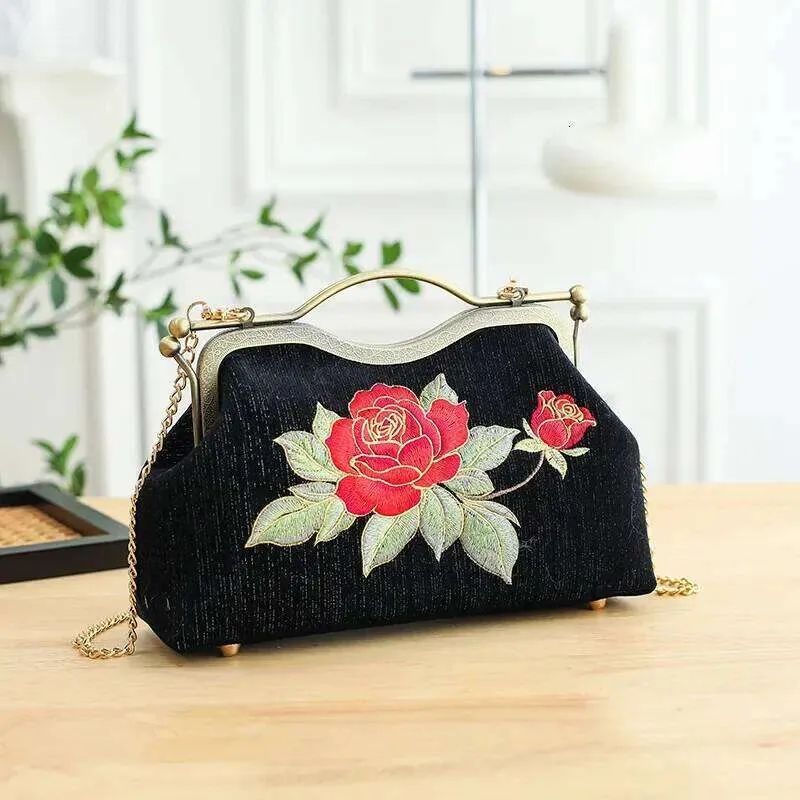 Classic Black Red Flower Embroidered Clutch Retro Chinese 