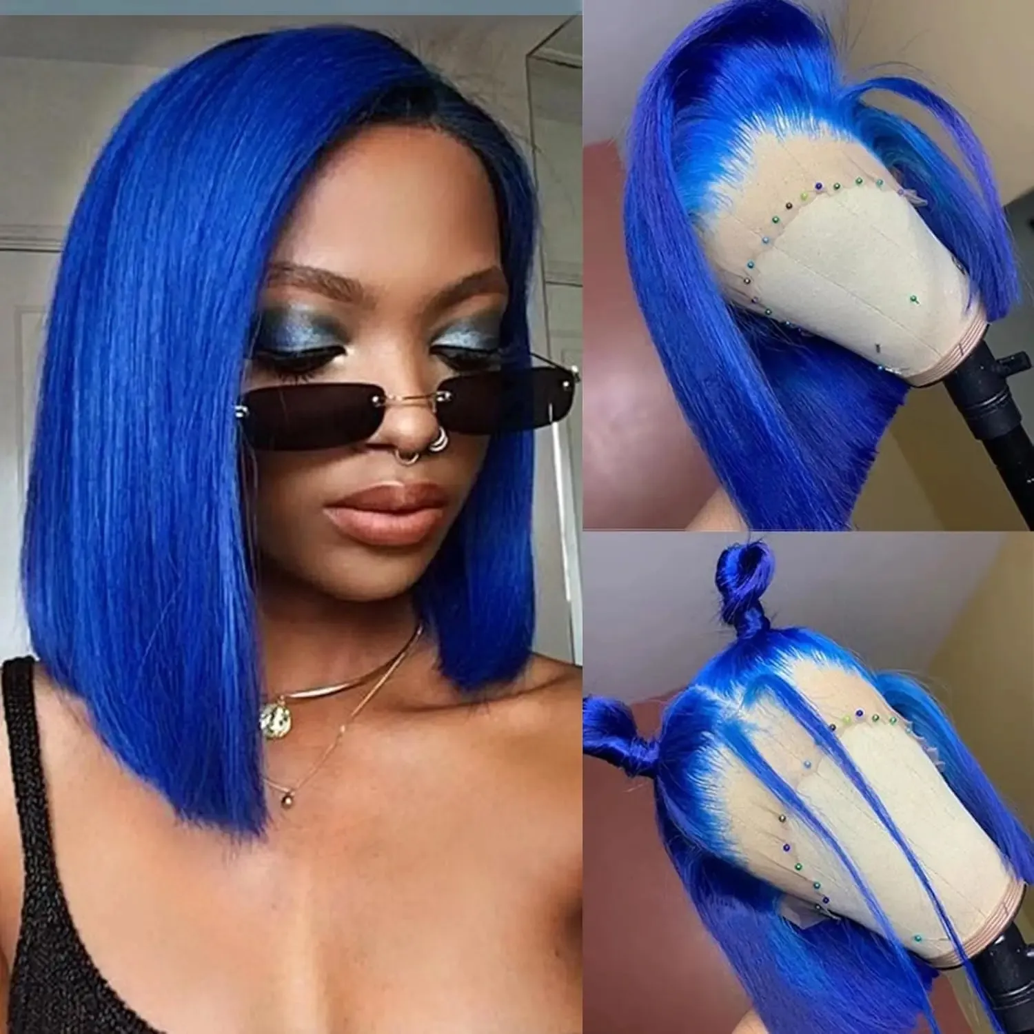 Blue Bob Lace Front Wig: Short Navy Synthetic Wig With Pre 