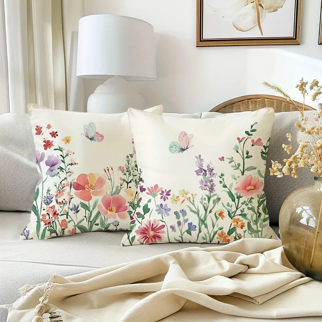 Kissenhülle Blumendruck gedruckter Wurfkissenbezüge Schmetterlingsblumen Home Dekor Kissen Frühling Sommersaisonalkissenbezüge für Schlafzimmer 250701
