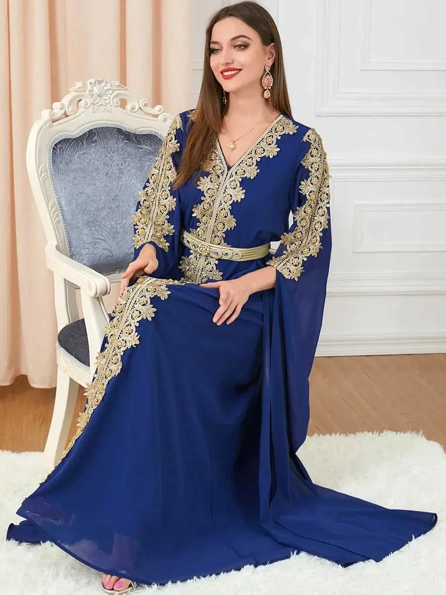 knee length dresses for ladies Blue Maryam Floral Abaya Dress & Pants Set in Premium Silk Cotton main image 1