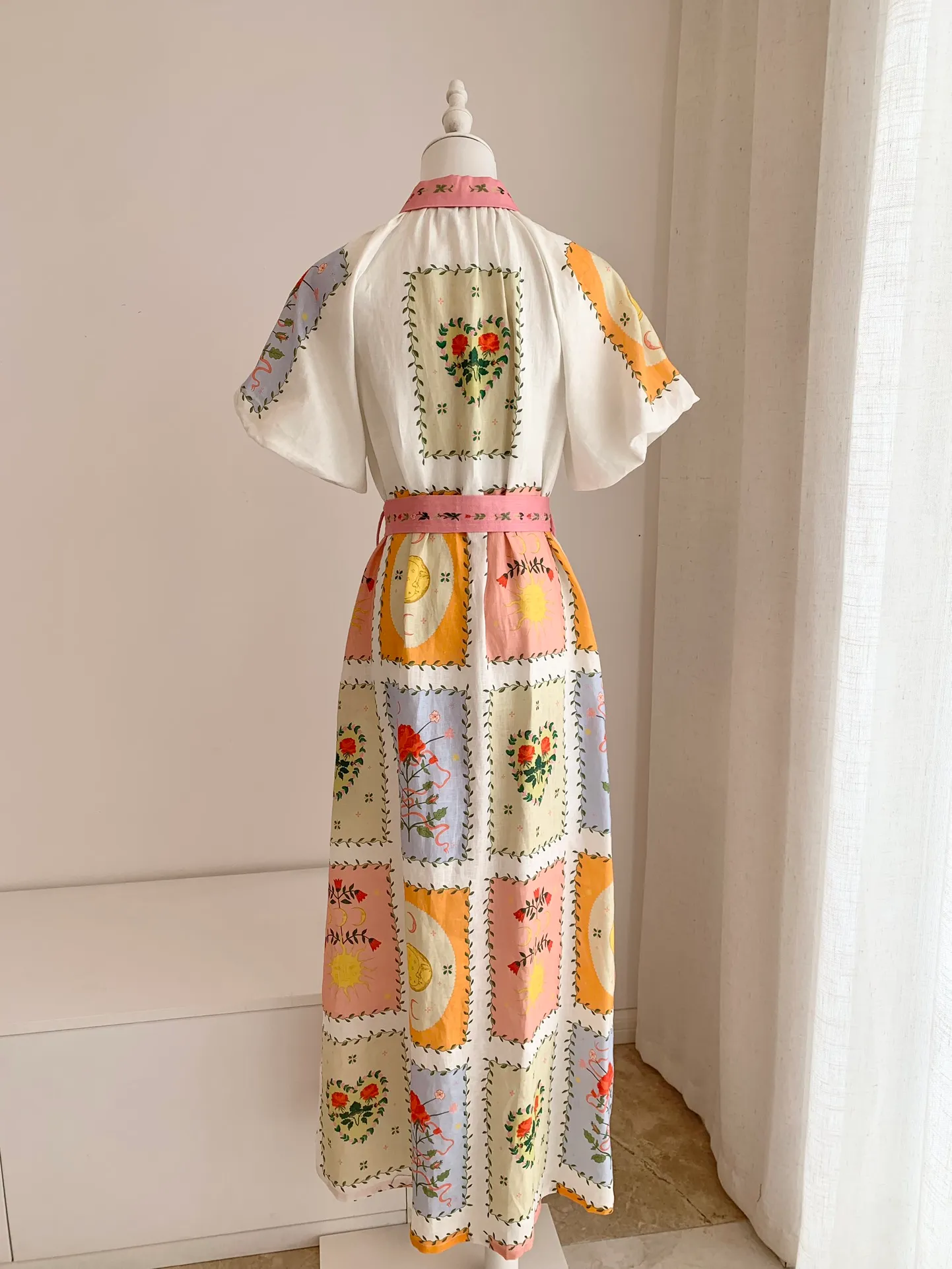 Summer long linen shirt dress with lace-up waist and puff sleeves,  ankle-length floral design from Dhgate Basic & Casual Dresses - price 214.08
