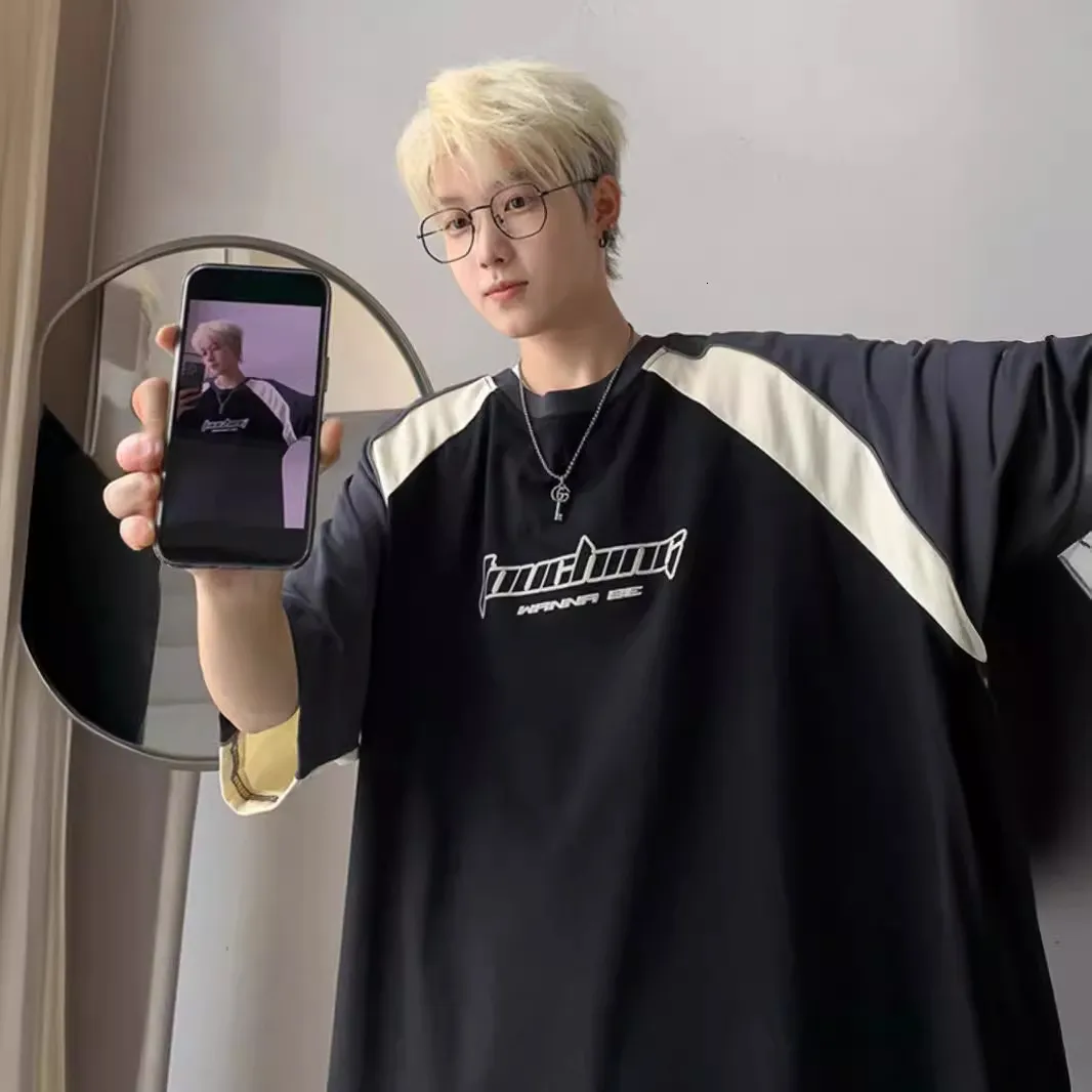 Amerikaanse stijl trendy merk korte mouw t-shirt voor mannen zomer nieuwe  losse casual niche gedeconstrueerde kleurblok patchwork ontwerper korte  mouwen ronde nek, image size:1066x1066