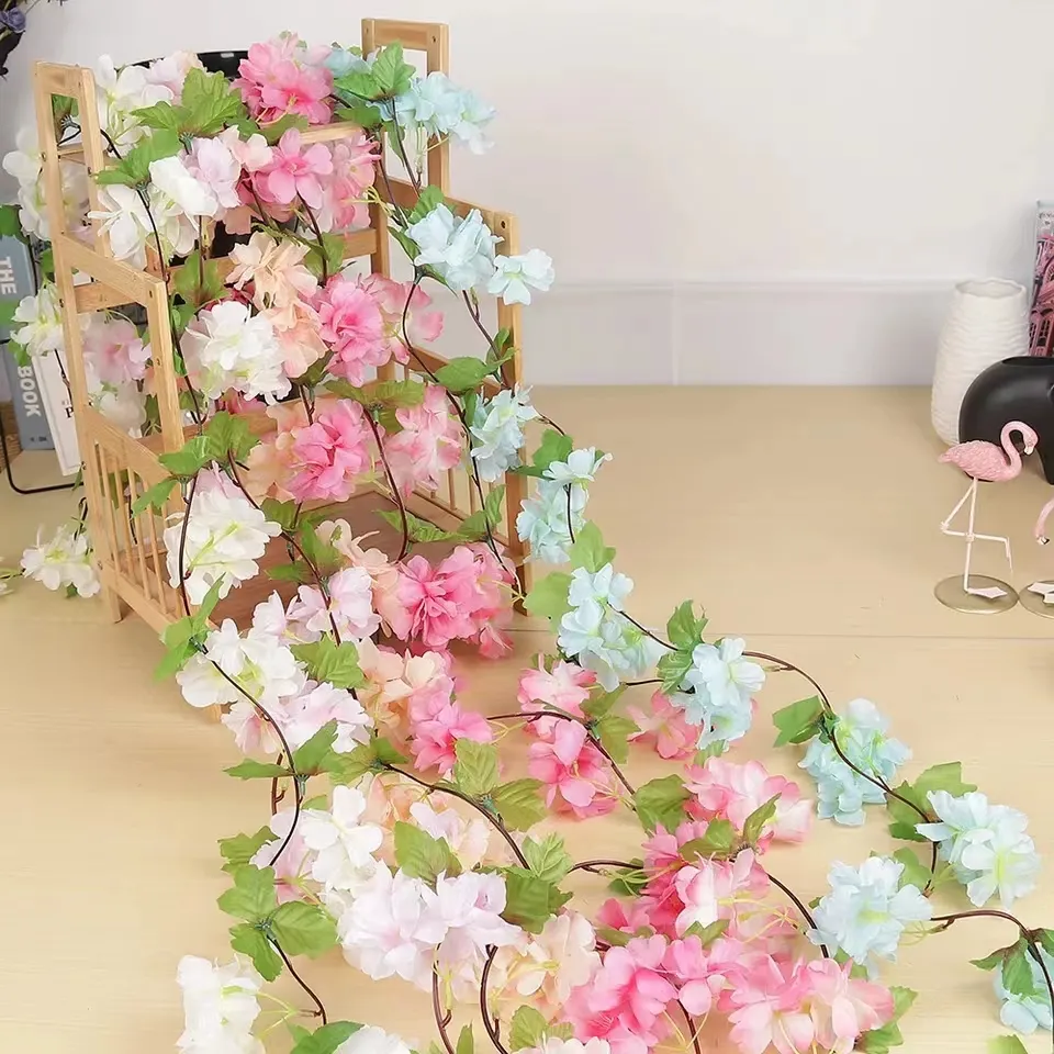 Artificial Flower String Artificial Flower String Garland 2.2m Silk Cherry Blossom Rose Ivy ...