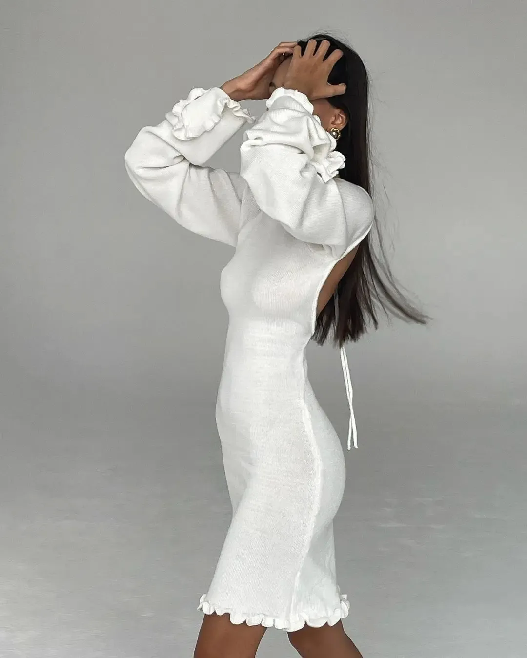 backless knitted long sleeve mini dress Buttermilk Knitted Long Sleeve Backless Mini Dress
