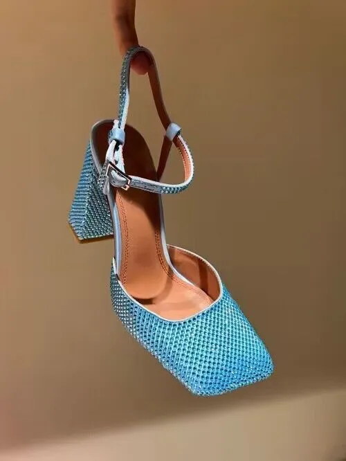 Women's Square Toe Rhinestone Block Heel Sandals With Buckle_voghion.com