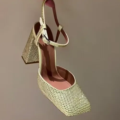 Women Square Toe Rhinestone Strap 5 5cm Block Heel Dress Sandals Adjustable Buckle Shoes 7 Color Options_voghion.com