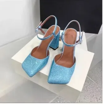 Women's Square Toe Rhinestone Block Heel Sandals With Buckle_voghion.com