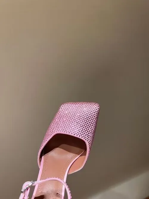 Women's Square Toe Rhinestone Block Heel Sandals With Buckle_voghion.com