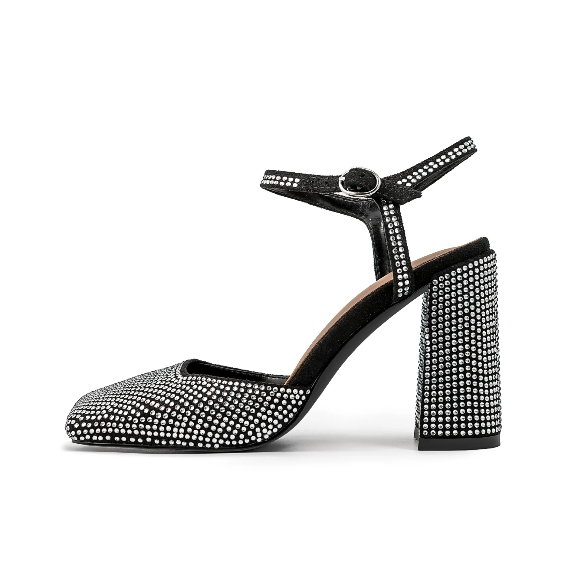 Women's Square Toe Rhinestone Block Heel Sandals With Buckle_voghion.com