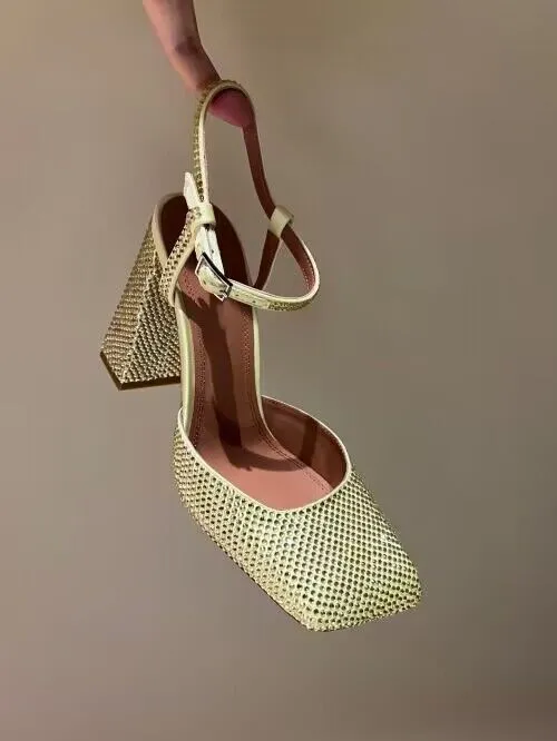 Women's Square Toe Rhinestone Block Heel Sandals With Buckle_voghion.com