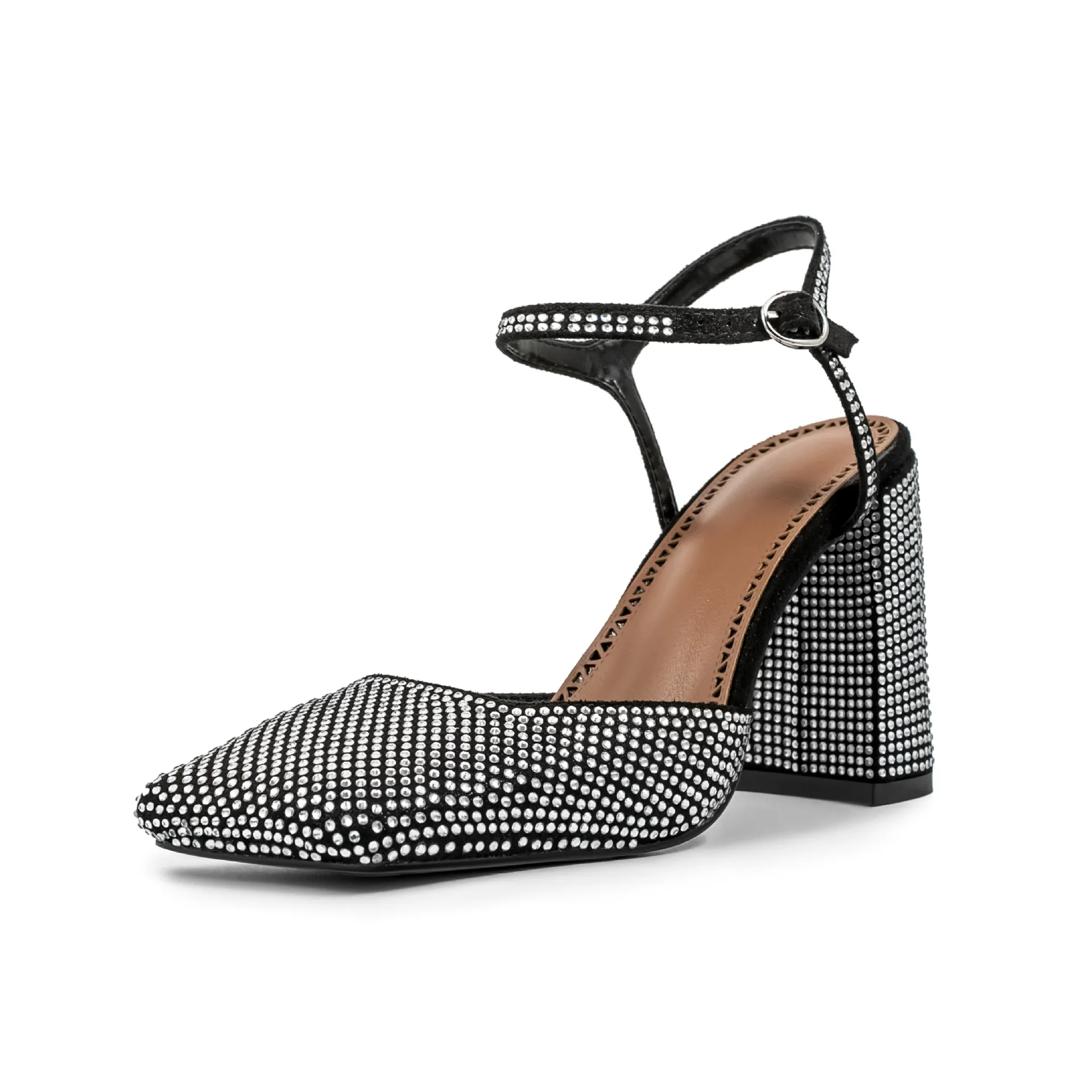 Women's Square Toe Rhinestone Block Heel Sandals With Buckle_voghion.com
