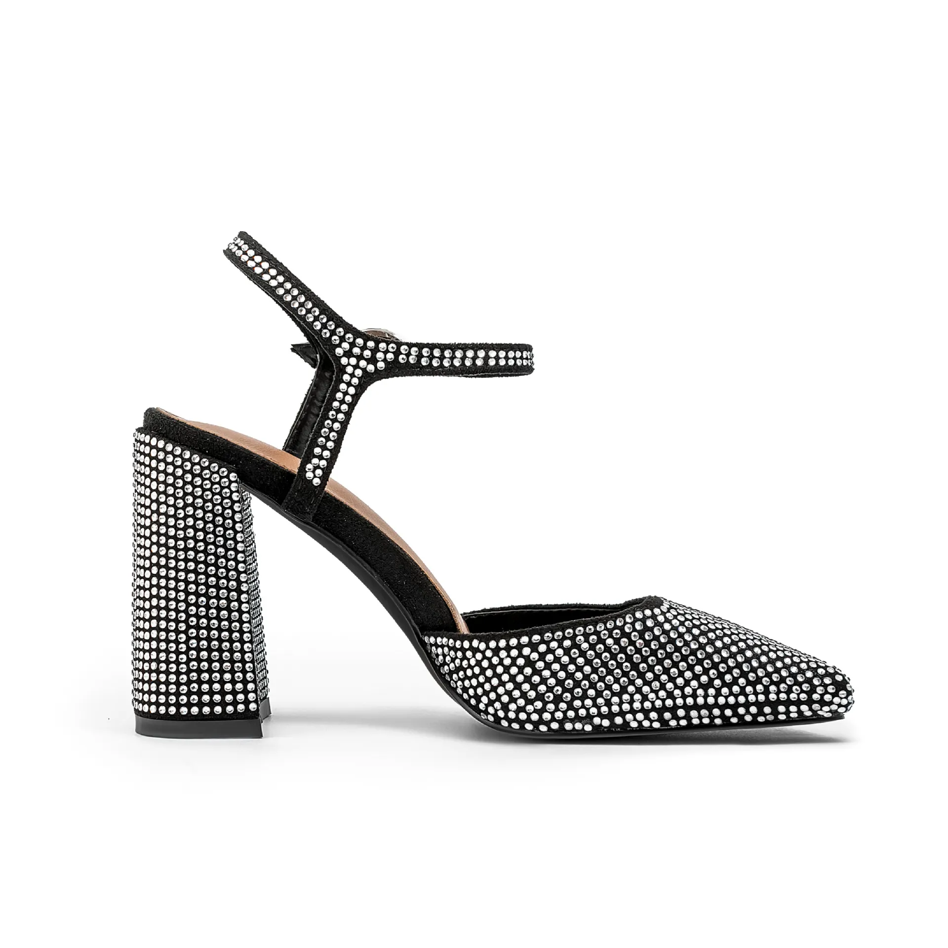 Women's Square Toe Rhinestone Block Heel Sandals With Buckle_voghion.com
