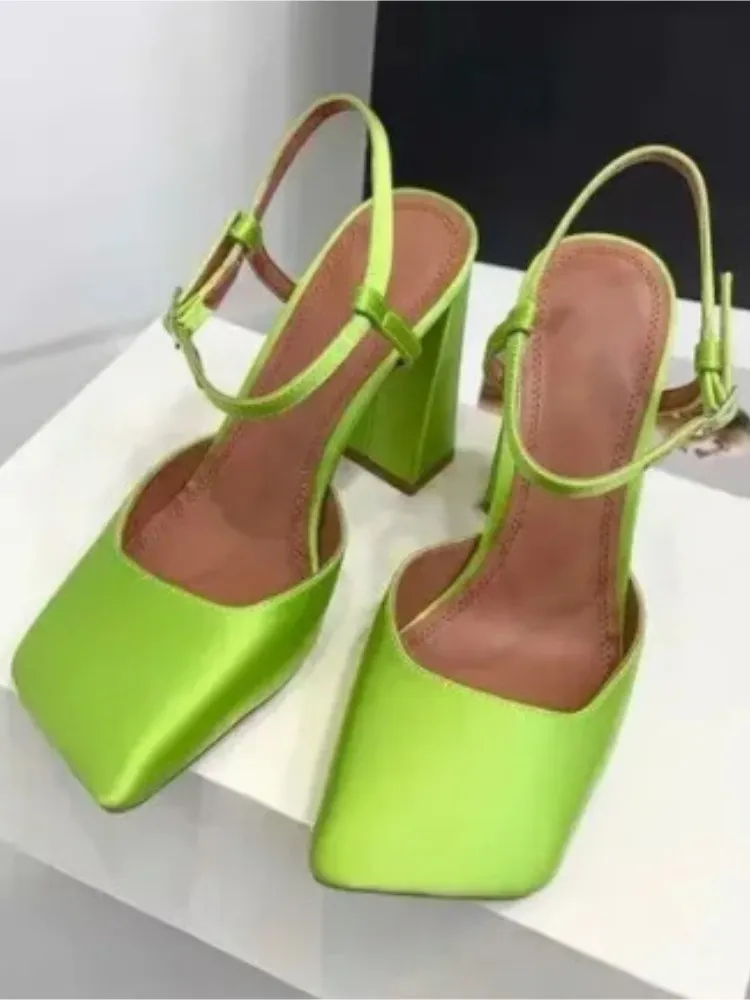 Women's Square Toe Rhinestone Block Heel Sandals With Buckle_voghion.com