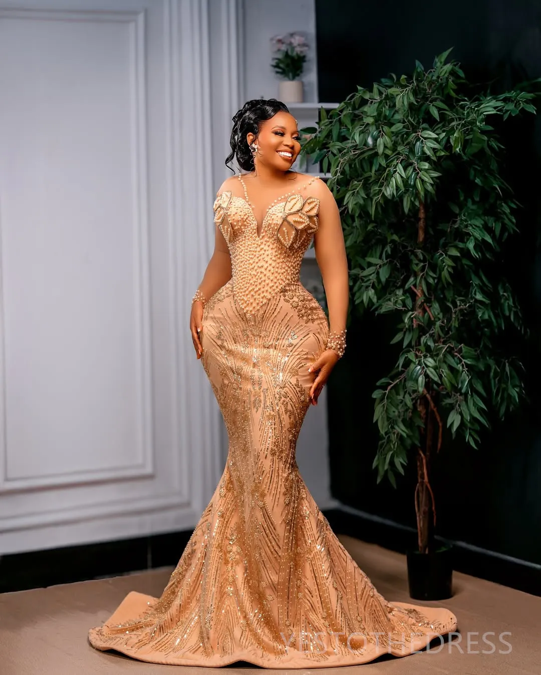 prom dress glitter gold Luuvis Sexy Sparkly Gold Mermaid Long Beaded Prom Dress With Split main image 1