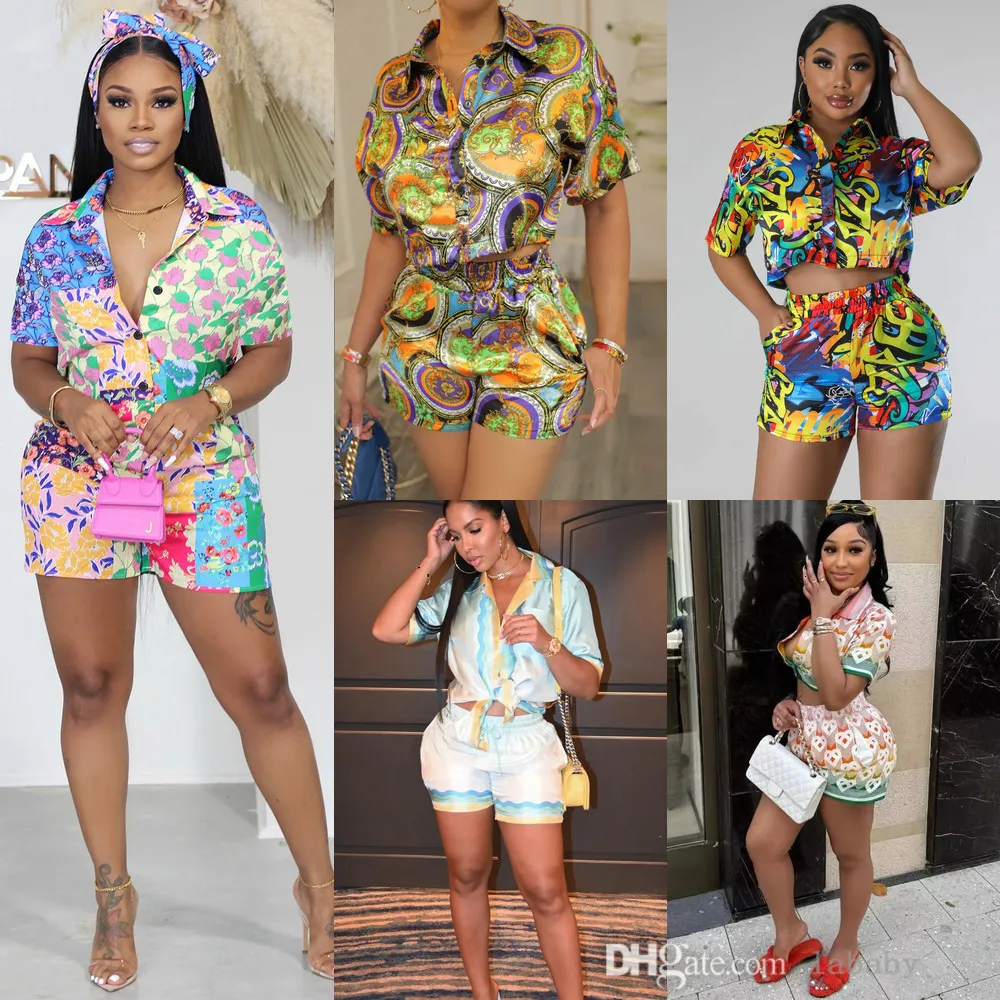 Womens Two Piece Short Set Beach Print Short Sleeve Shirt Top And