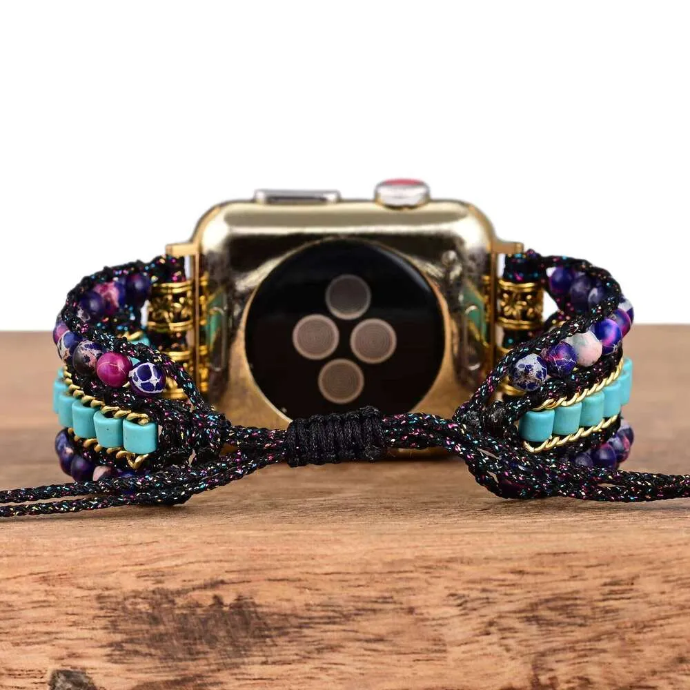 ボヘミアン織物ストラップを備えたビーズのアップルウォッチバンド 石