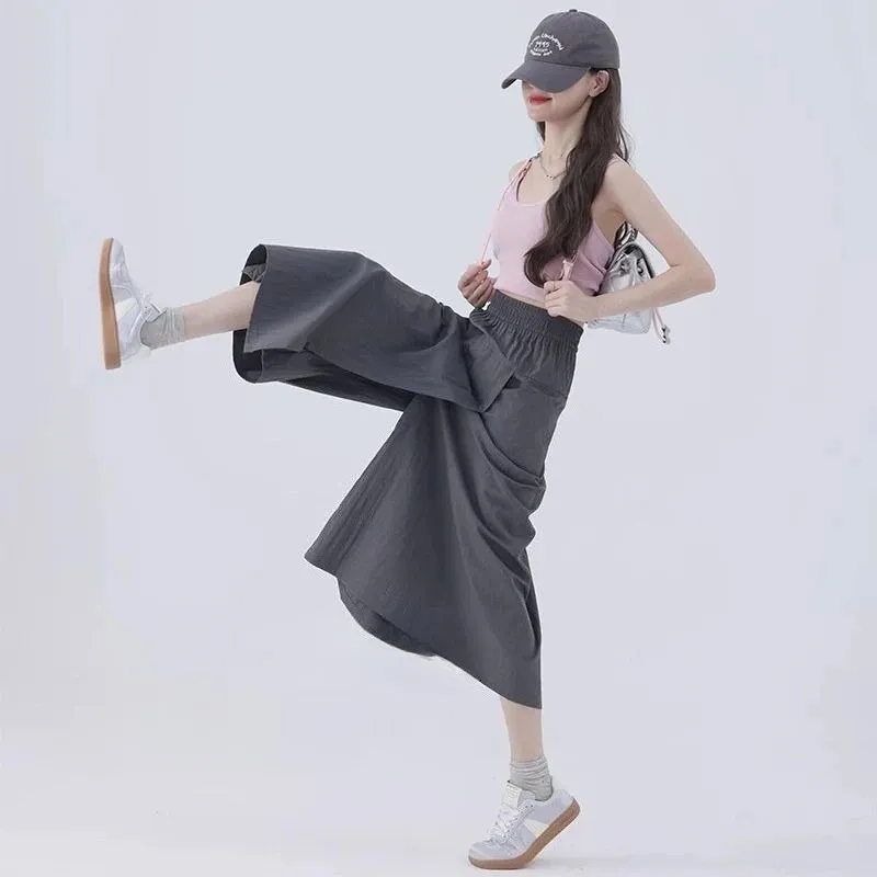 Save Big on Bulk Women's Summer Wide Leg Pants High Waist Wide Leg Pants  Skirt: Women's Summer Gray Culottes Thin Ice Silk A Line Casual Overalls  Work