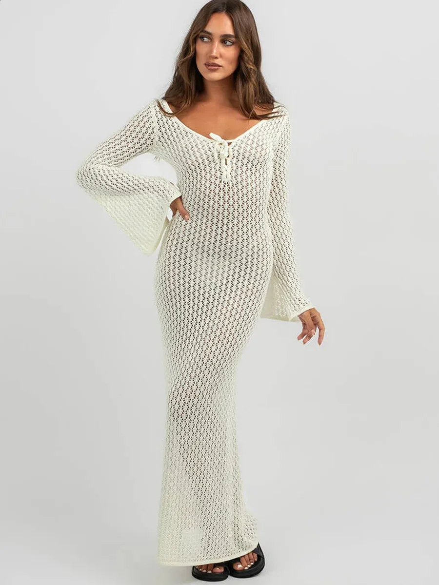 long sleeve crochet beach dress IIsla & Bird long sleeve maxi crochet beach dress in cream