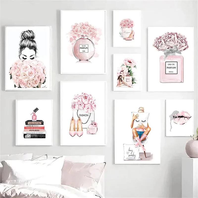 Elegant Perfume Bottle Canvas Art Pink Flowers Wall Decor For Modern ...